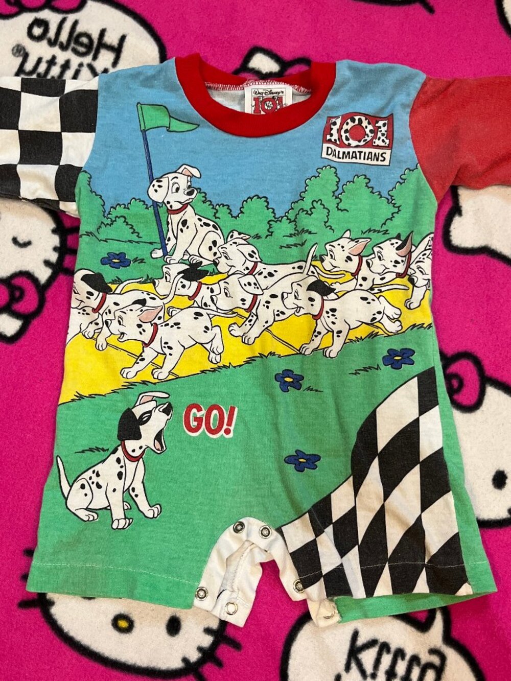 insane vintage one of a kind graphic 101 dalmatians racetrack kids romper/onesie